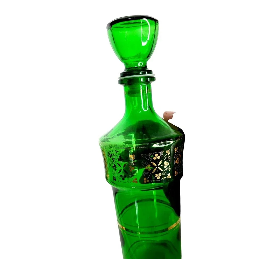 VTG MCM 60s JAY Emerald Green Glass Barware Liqueur Decanter 24kt Gold Clovers